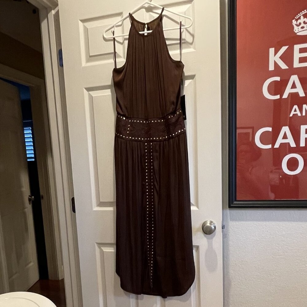 WHBM Brown Embroidered Midi Dress with Gold Details